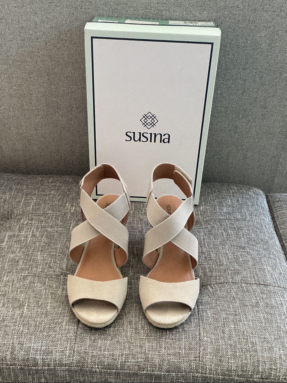 Susina Neutral Beige Crisscross Wedge Sandals